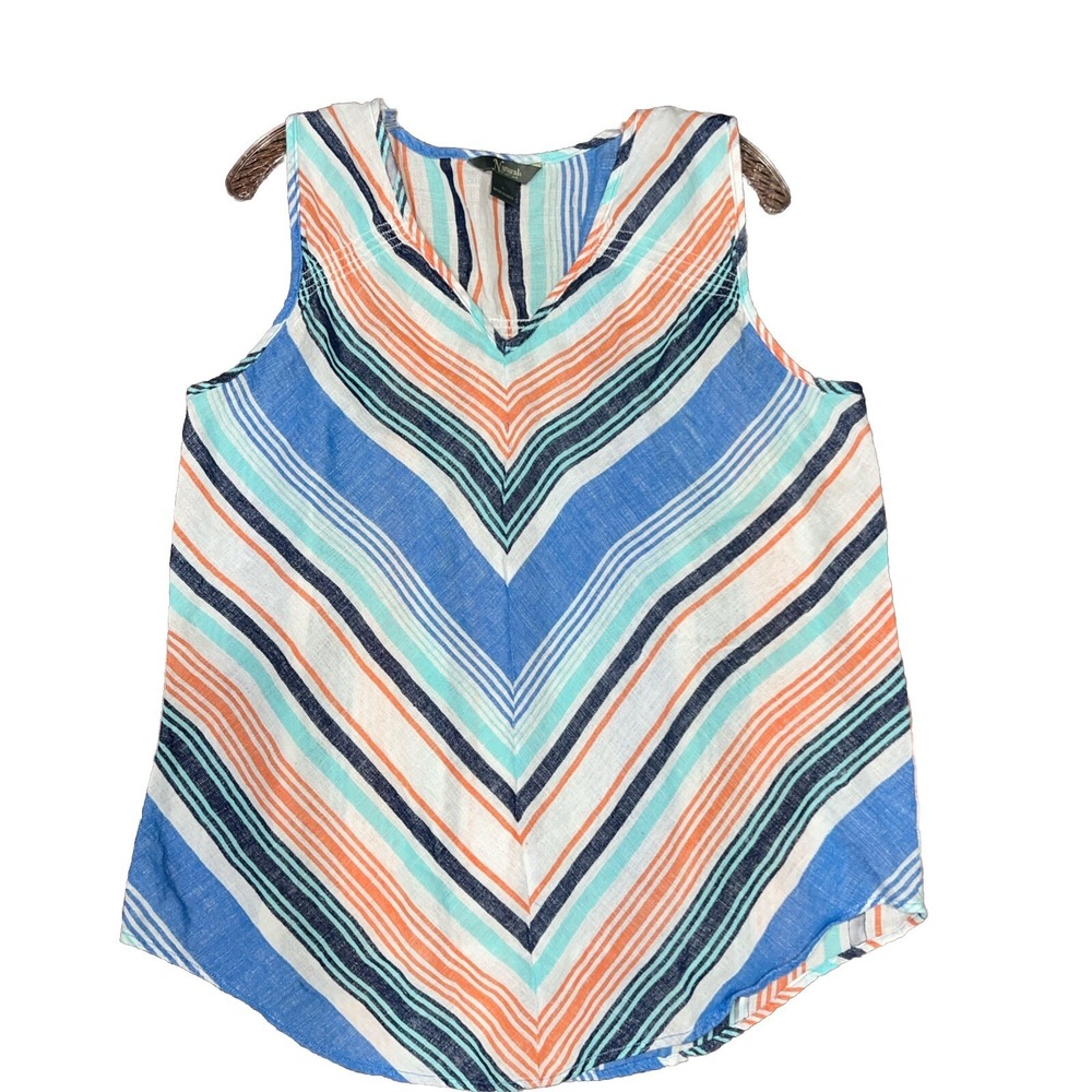 Natural Reflections Women L Sleeveless Linen Blend Striped V-Neck Blouse Top